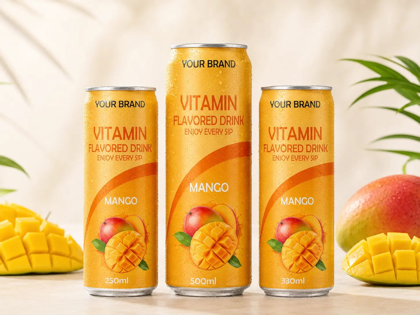 VITAMIN FLAVORED DRINK Mango flavour in 250ml, 500ml, and 330ml cans.